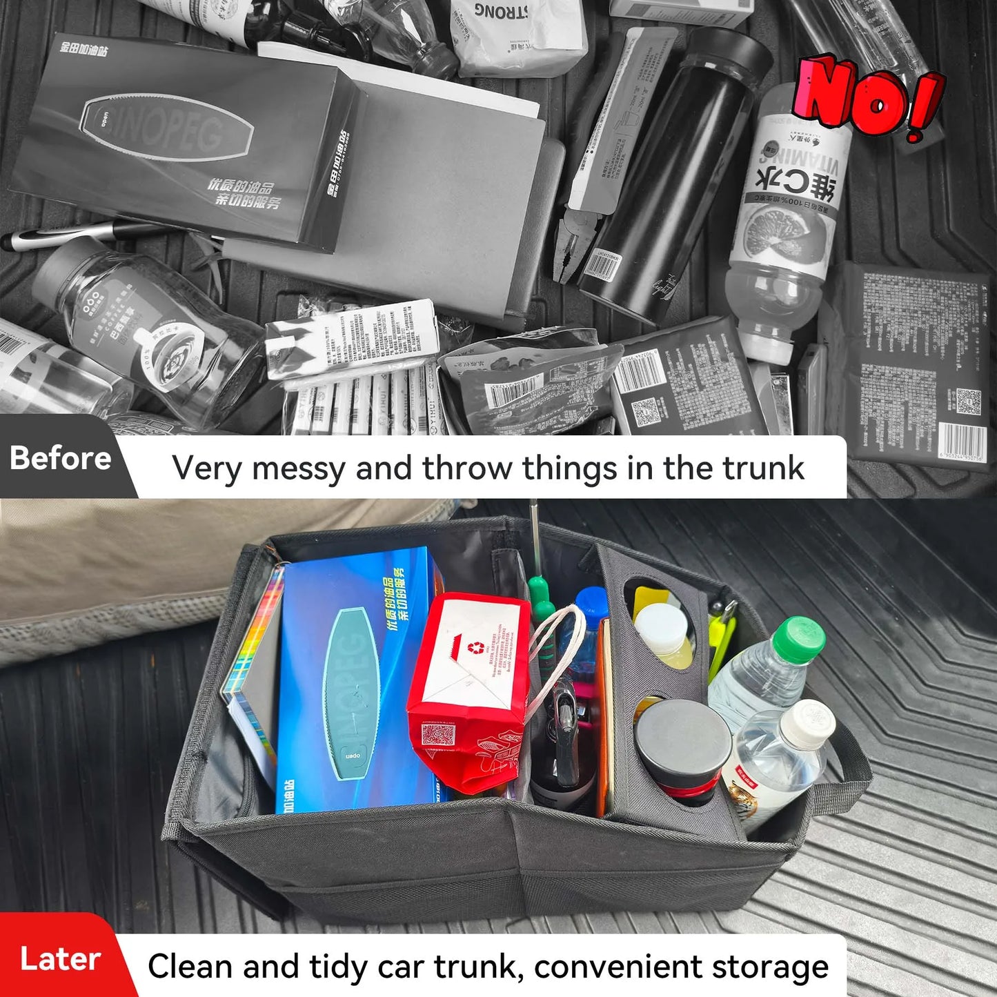 Organizator pliabil pentru portbagaj – 2 compartimente, 6 buzunare, negru